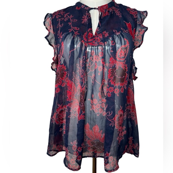 Lucky Brand Navy and Red Floral Blouse - Picture 1 of 8